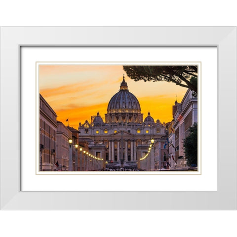 Orange sunset illuminated street lights-Via Della Conciliazione-Saint Peters Basilica-Vatican White Modern Wood Framed Art Print with Double Matting by Perry, William