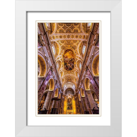 Tall Arches Nave Ceiling Frescos Saint Louis of French Basilica Church-Rome-Italy  White Modern Wood Framed Art Print with Double Matting by Perry, William