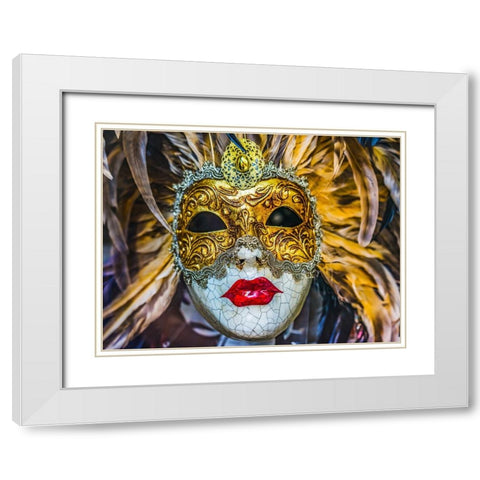 White golden Venetian mask feathers-Venice-Italy-Used since 1200s for Carnival-Also used for Mardi  White Modern Wood Framed Art Print with Double Matting by Perry, William
