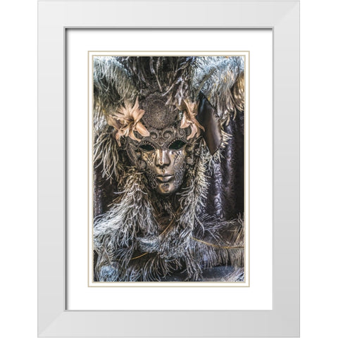 Silver Venetian mask feathers-Venice-Italy-Used since 1200s for Carnival-Also used for Mardi Gras White Modern Wood Framed Art Print with Double Matting by Perry, William