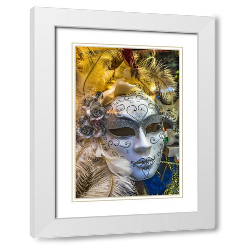 White Venetian mask feathers-Venice-Italy-Used since 1200s for Carnival-Also used for Mardi Gras White Modern Wood Framed Art Print with Double Matting by Perry, William