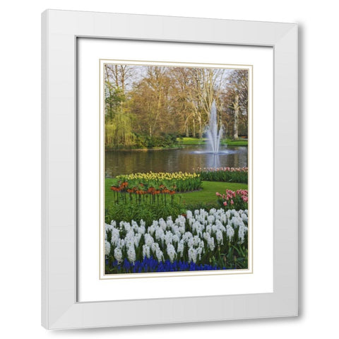 Netherlands, Lisse Garden scenic with a fountain White Modern Wood Framed Art Print with Double Matting by Flaherty, Dennis