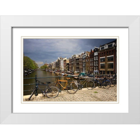 Netherlands, Amsterdam Canal from bridge White Modern Wood Framed Art Print with Double Matting by Flaherty, Dennis