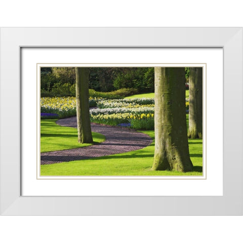 Holland, Lisse Curving path through a gardens White Modern Wood Framed Art Print with Double Matting by Flaherty, Dennis
