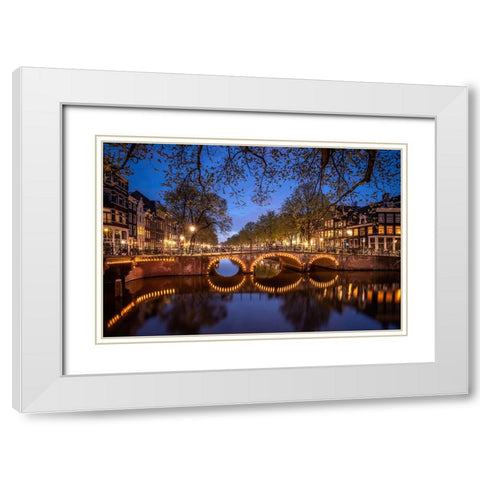 Europe-The Netherlands-Amsterdam-Canal scene at night White Modern Wood Framed Art Print with Double Matting by Jaynes Gallery