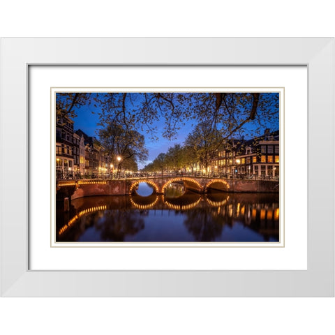 Europe-The Netherlands-Amsterdam-Canal scene at night White Modern Wood Framed Art Print with Double Matting by Jaynes Gallery