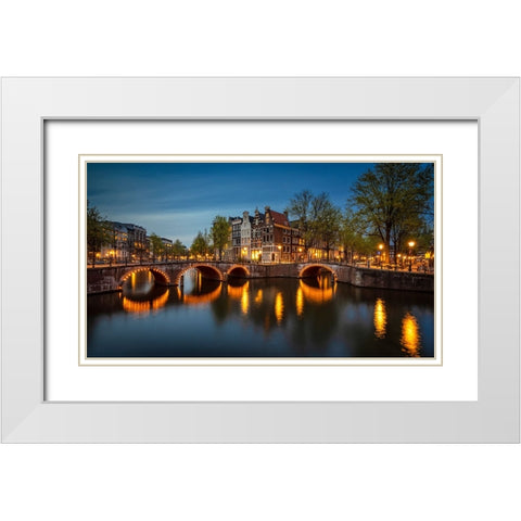 Europe-The Netherlands-Amsterdam-Canal scene at sunset White Modern Wood Framed Art Print with Double Matting by Jaynes Gallery
