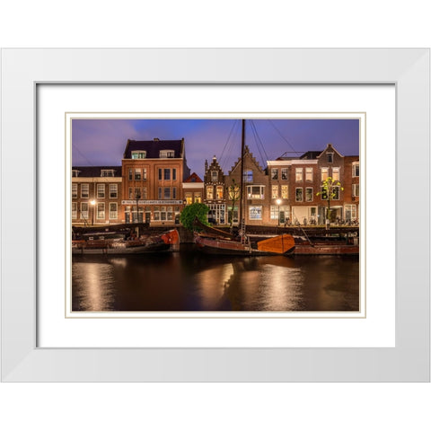Europe-The Netherlands-Delfshaven-Sunset scene along canal White Modern Wood Framed Art Print with Double Matting by Jaynes Gallery