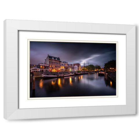 Europe-The Netherlands-Delfshaven-Sunset scene along canal White Modern Wood Framed Art Print with Double Matting by Jaynes Gallery
