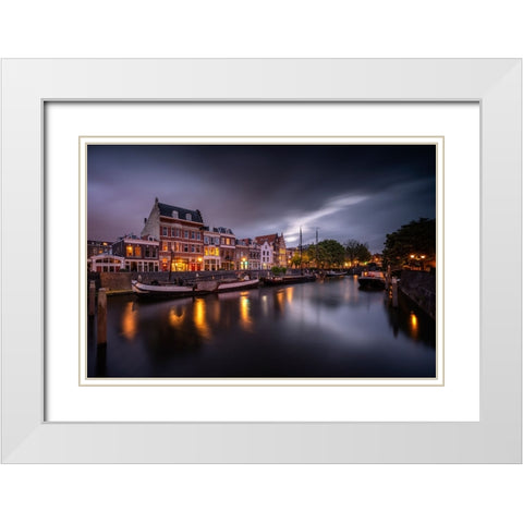 Europe-The Netherlands-Delfshaven-Sunset scene along canal White Modern Wood Framed Art Print with Double Matting by Jaynes Gallery
