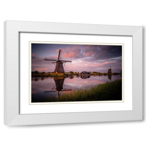 Europe-The Netherlands-Kinderdijk windmills at sunset White Modern Wood Framed Art Print with Double Matting by Jaynes Gallery