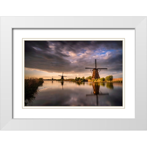 Europe-The Netherlands-Kinderdijk windmills at sunset White Modern Wood Framed Art Print with Double Matting by Jaynes Gallery