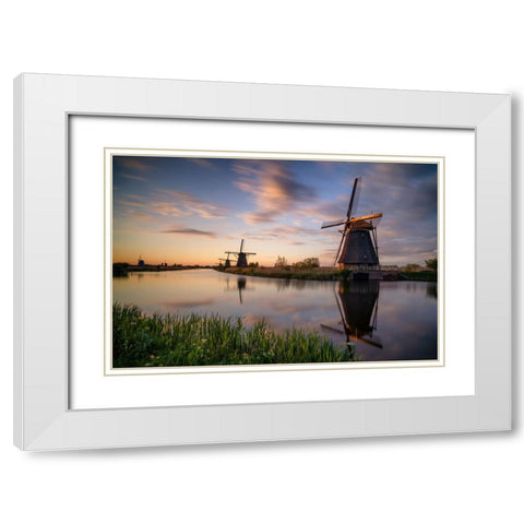 Europe-The Netherlands-Kinderdijk windmills at sunset White Modern Wood Framed Art Print with Double Matting by Jaynes Gallery