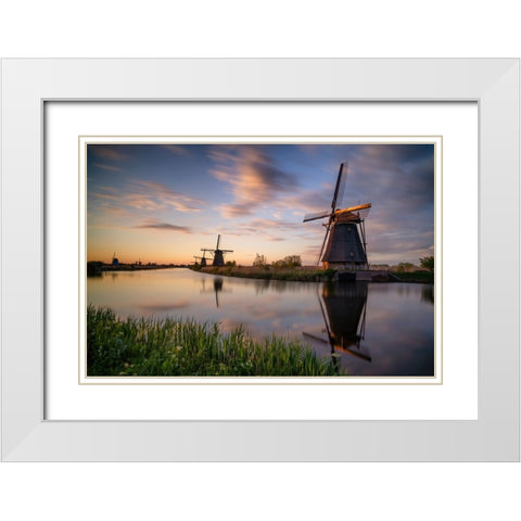 Europe-The Netherlands-Kinderdijk windmills at sunset White Modern Wood Framed Art Print with Double Matting by Jaynes Gallery