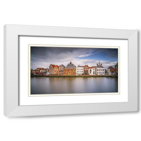 Europe-The Netherlands-Maassluis-Row of buildings on ocean pier White Modern Wood Framed Art Print with Double Matting by Jaynes Gallery