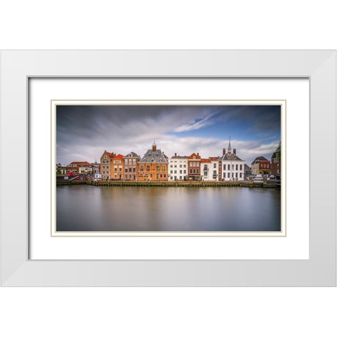 Europe-The Netherlands-Maassluis-Row of buildings on ocean pier White Modern Wood Framed Art Print with Double Matting by Jaynes Gallery