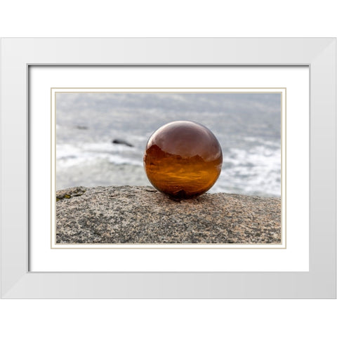 Norway- Lofoten Islands- Vareid. Mountains and ocean viewed through a glass ball White Modern Wood Framed Art Print with Double Matting by Looney, Hollice