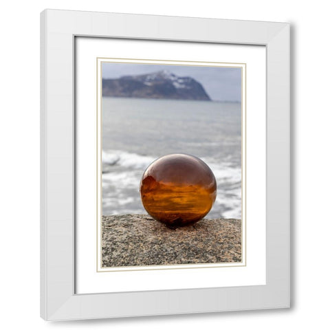 Norway- Lofoten Islands- Vareid. Mountains and ocean viewed through a glass ball White Modern Wood Framed Art Print with Double Matting by Looney, Hollice
