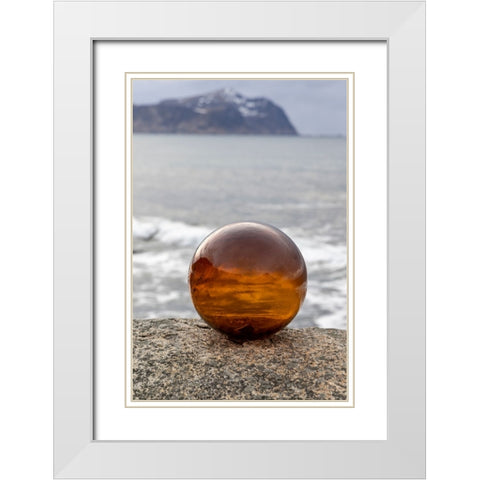 Norway- Lofoten Islands- Vareid. Mountains and ocean viewed through a glass ball White Modern Wood Framed Art Print with Double Matting by Looney, Hollice