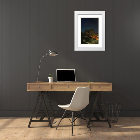 Norway- Lofoten Islands. Aurora Borealis In the sky above Hamnoy in Reine White Modern Wood Framed Art Print with Double Matting by Looney, Hollice