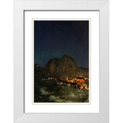 Norway- Lofoten Islands. Aurora Borealis In the sky above Hamnoy in Reine White Modern Wood Framed Art Print with Double Matting by Looney, Hollice