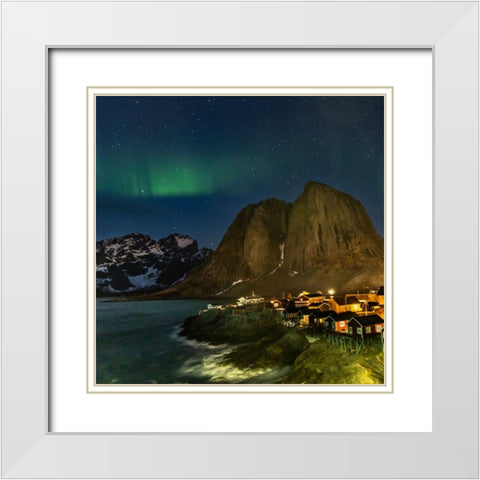 Norway- Lofoten Islands. Aurora Borealis In the sky above Hamnoy in Reine White Modern Wood Framed Art Print with Double Matting by Looney, Hollice
