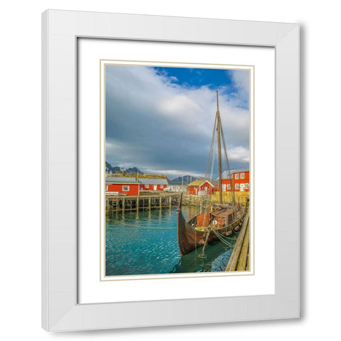 Norway- Lofoten Islands. Ballstadoy from across the lake White Modern Wood Framed Art Print with Double Matting by Looney, Hollice