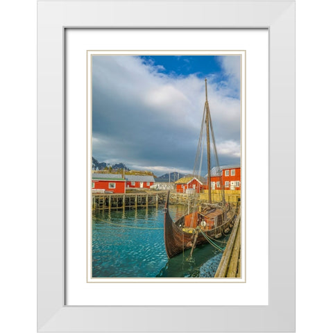 Norway- Lofoten Islands. Ballstadoy from across the lake White Modern Wood Framed Art Print with Double Matting by Looney, Hollice