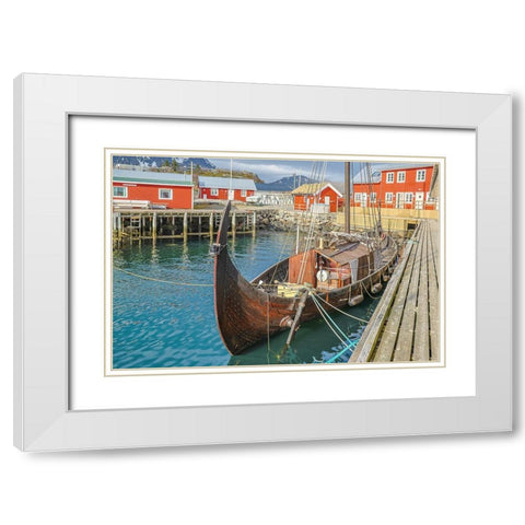 Norway- Lofoten Islands. Ballstadoy from across the lake White Modern Wood Framed Art Print with Double Matting by Looney, Hollice