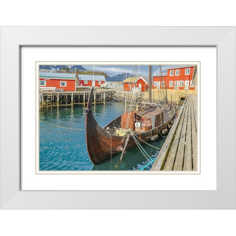 Norway- Lofoten Islands. Ballstadoy from across the lake White Modern Wood Framed Art Print with Double Matting by Looney, Hollice