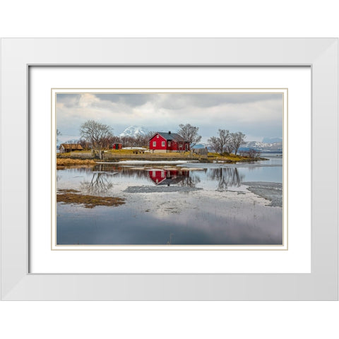 Norway- Lofoten Islands. View across Indrepollen Lake. White Modern Wood Framed Art Print with Double Matting by Looney, Hollice