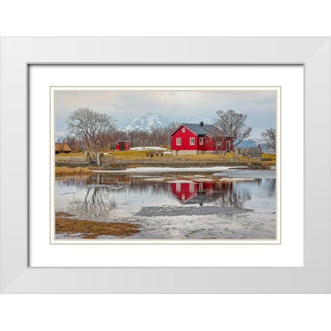Norway- Lofoten Islands. View across Indrepollen Lake. White Modern Wood Framed Art Print with Double Matting by Looney, Hollice