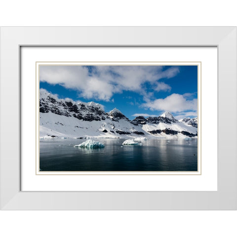 A view of the mountain peaks of Burgerbukta White Modern Wood Framed Art Print with Double Matting by Pitamitz, Sergio
