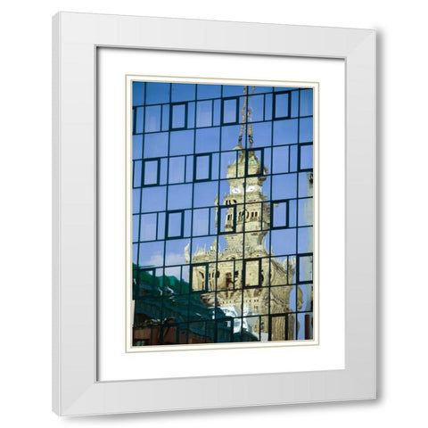 Poland, Warsaw Building reflects in new building White Modern Wood Framed Art Print with Double Matting by Zuckerman, Jim