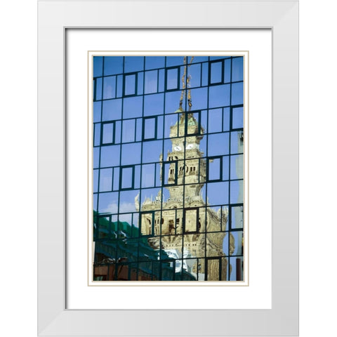 Poland, Warsaw Building reflects in new building White Modern Wood Framed Art Print with Double Matting by Zuckerman, Jim