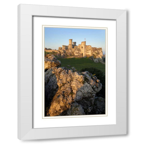 Poland Distant view of Ogrodzieniec Castle White Modern Wood Framed Art Print with Double Matting by Zuckerman, Jim