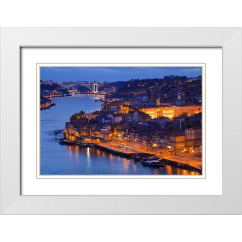 Portugal, Porto Overview of city at night White Modern Wood Framed Art Print with Double Matting by Zuckerman, Jim