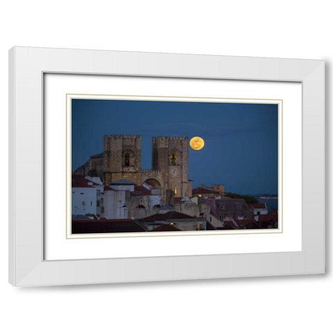 Portugal, Lisbon Lisbon Cathedral and full moon White Modern Wood Framed Art Print with Double Matting by Zuckerman, Jim