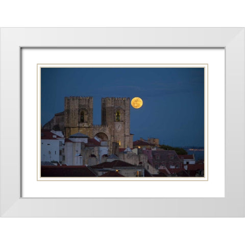 Portugal, Lisbon Lisbon Cathedral and full moon White Modern Wood Framed Art Print with Double Matting by Zuckerman, Jim