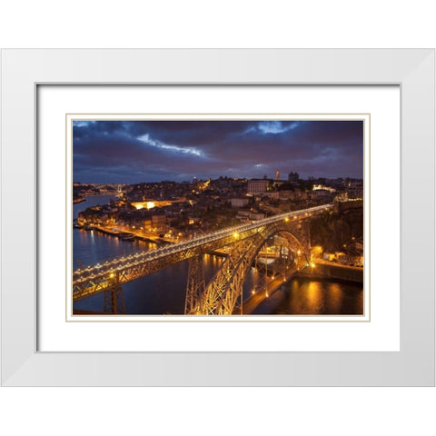 Portugal, Porto Dom Luis I Bridge lit at night White Modern Wood Framed Art Print with Double Matting by Zuckerman, Jim