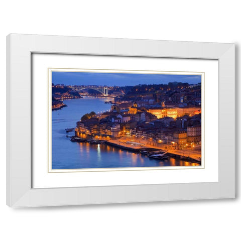 Portugal, Porto View of city and harbor at night White Modern Wood Framed Art Print with Double Matting by Zuckerman, Jim