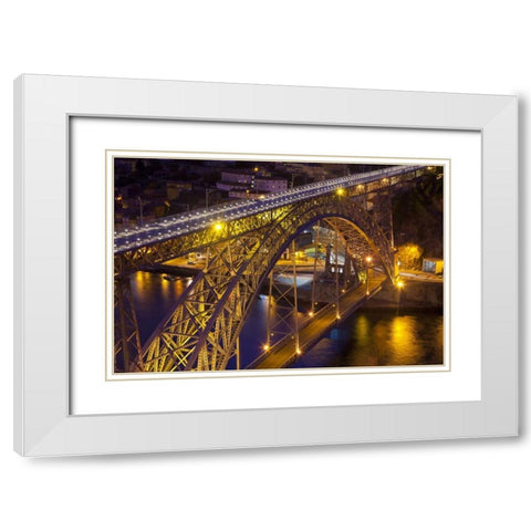 Portugal, Porto Dom Luis I Bridge lit at night White Modern Wood Framed Art Print with Double Matting by Zuckerman, Jim