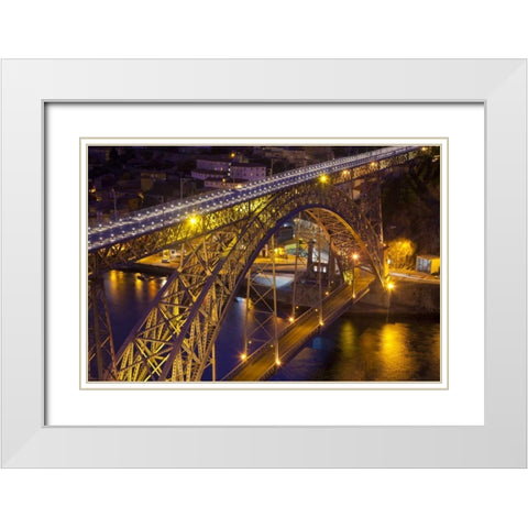 Portugal, Porto Dom Luis I Bridge lit at night White Modern Wood Framed Art Print with Double Matting by Zuckerman, Jim