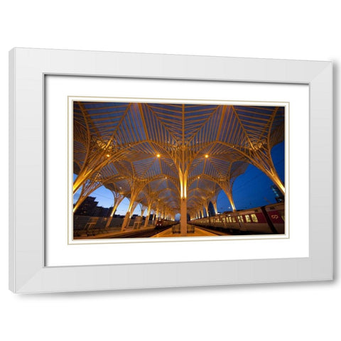 Portugal, Lisbon Oriente Train Station at night White Modern Wood Framed Art Print with Double Matting by Zuckerman, Jim