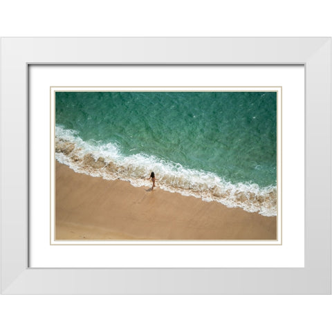 Europe-Portugal-Nazare-Girl in surf on beach White Modern Wood Framed Art Print with Double Matting by Jaynes Gallery