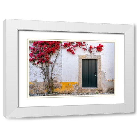 Europe-Portugal-Obidos-Bougainvillea plant on house wall White Modern Wood Framed Art Print with Double Matting by Jaynes Gallery