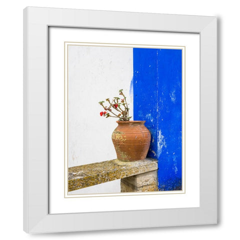 Portugal-Obidos-Plant in a terracotta pot on stone bench White Modern Wood Framed Art Print with Double Matting by Eggers, Julie