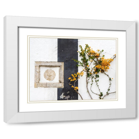 Portugal-Obidos-Orange bougainvillea growing against a wall and carved sculpture on wall White Modern Wood Framed Art Print with Double Matting by Eggers, Julie