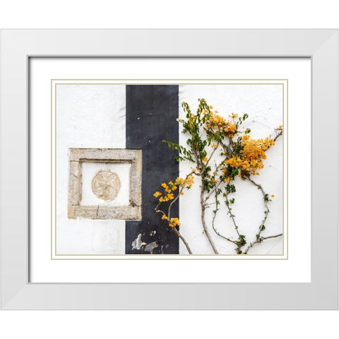 Portugal-Obidos-Orange bougainvillea growing against a wall and carved sculpture on wall White Modern Wood Framed Art Print with Double Matting by Eggers, Julie
