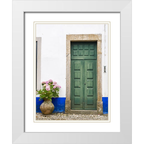 Portugal-Obidos-Pink hydrangea in terracotta pot next to a green door White Modern Wood Framed Art Print with Double Matting by Eggers, Julie